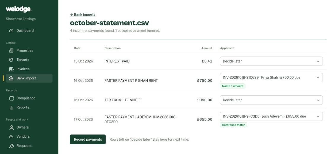 A bank statement import with each incoming payment matched to an invoice by reference, or by tenant name and amount