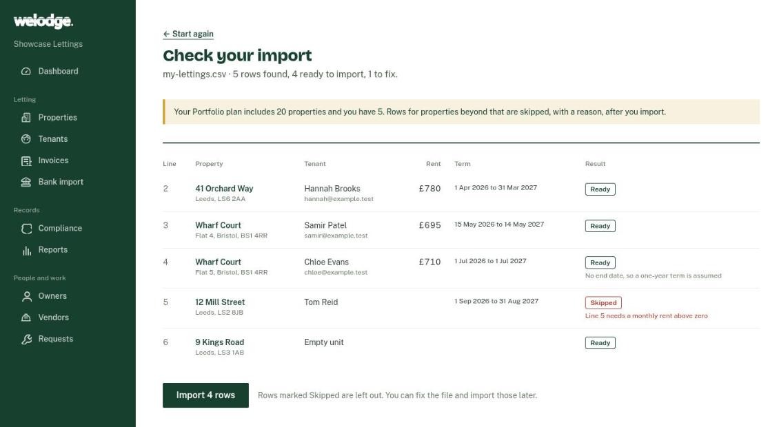 A spreadsheet import preview listing each row as ready or skipped, with the reason for anything skipped